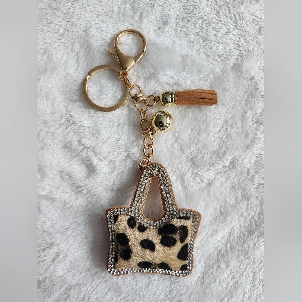 Leopard Print Purse Tote Keychain with Gold Accents